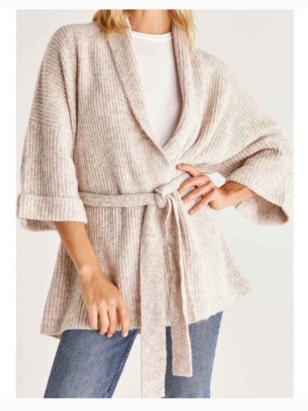 NWOT Supply Kimono Cardigan XS/S Heather Oatmeal Cozy Knit Tie Waist Sweater